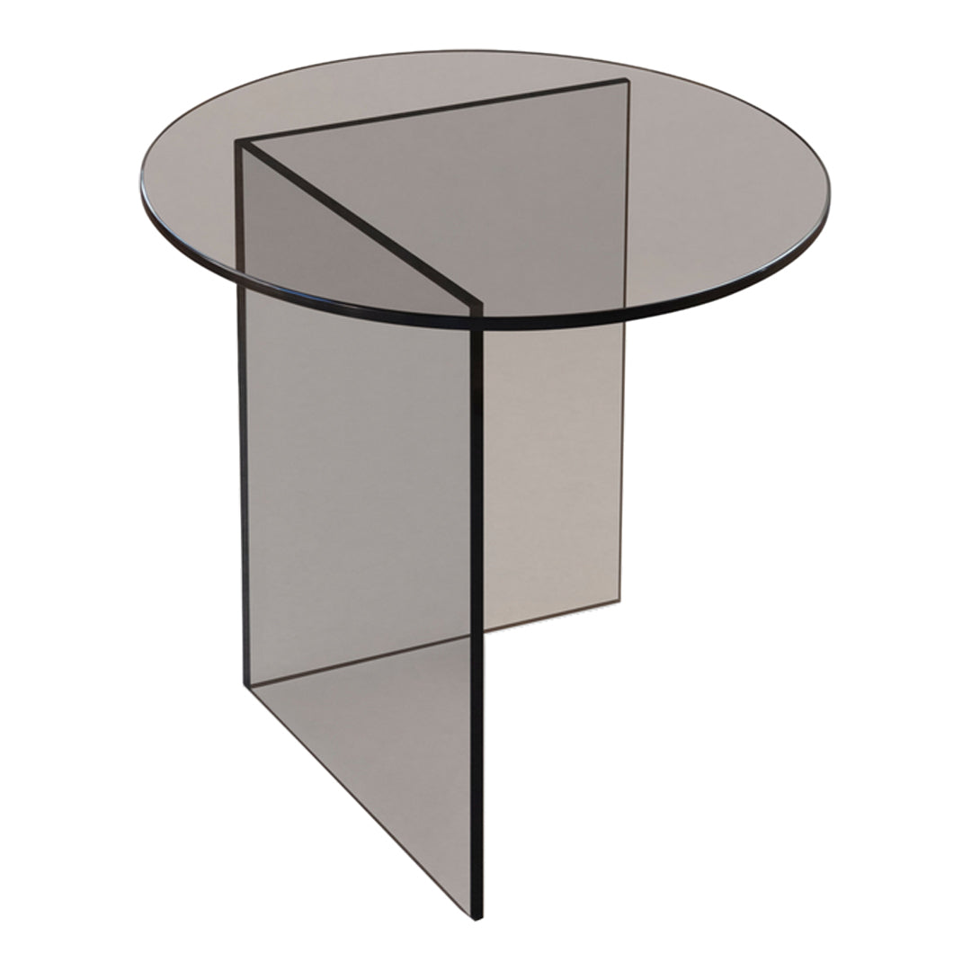Sleek round black satin table with a transparent smoky glass surface and geometric design. Perfect for modern decor.