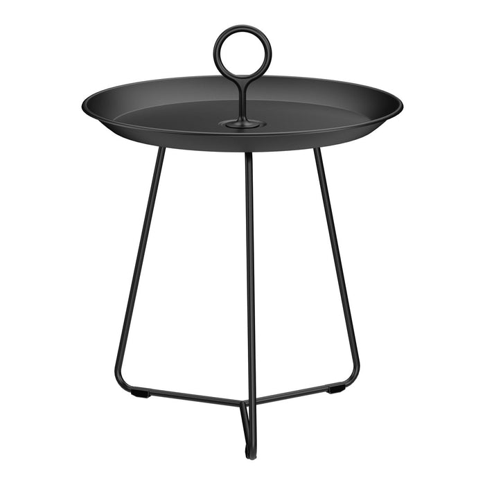 Black metal side table with a round tray and circular handle, featuring a sleek, modern design.