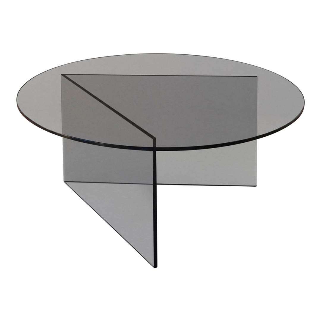 Round glass coffee table with a sleek, minimalist design featuring a smoky gray finish and geometric patterns.