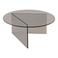 Smoky gray round coffee table with modern geometric design and transparent acrylic construction.