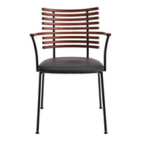 Black upholstered chair with a wooden slatted backrest and sleek black metal legs, creating a modern and minimalistic design.