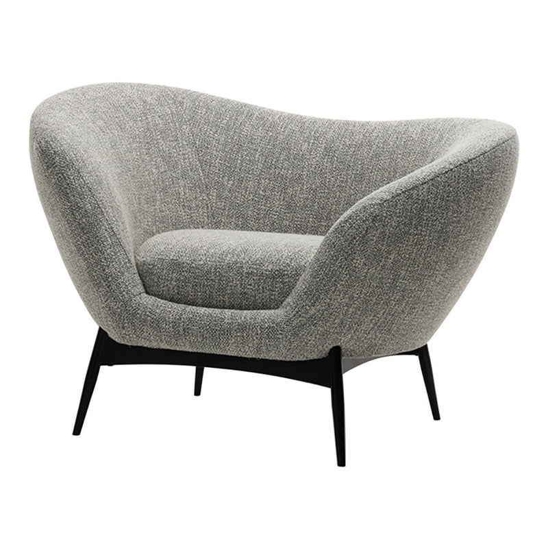Stylish gray upholstered chair with a textured pattern and sleek black legs for modern decor.