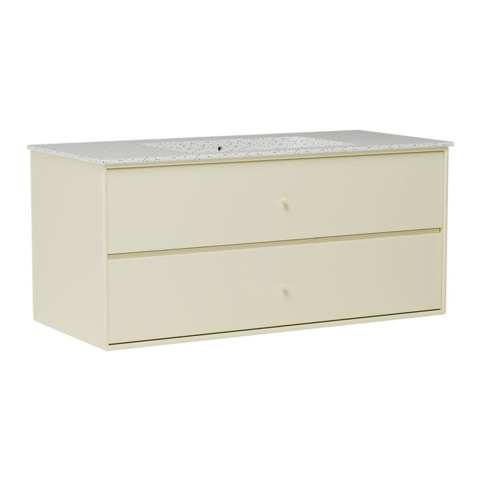 Cream-colored storage chest with a textured light gray top and two spacious drawers. Modern, minimalist design.