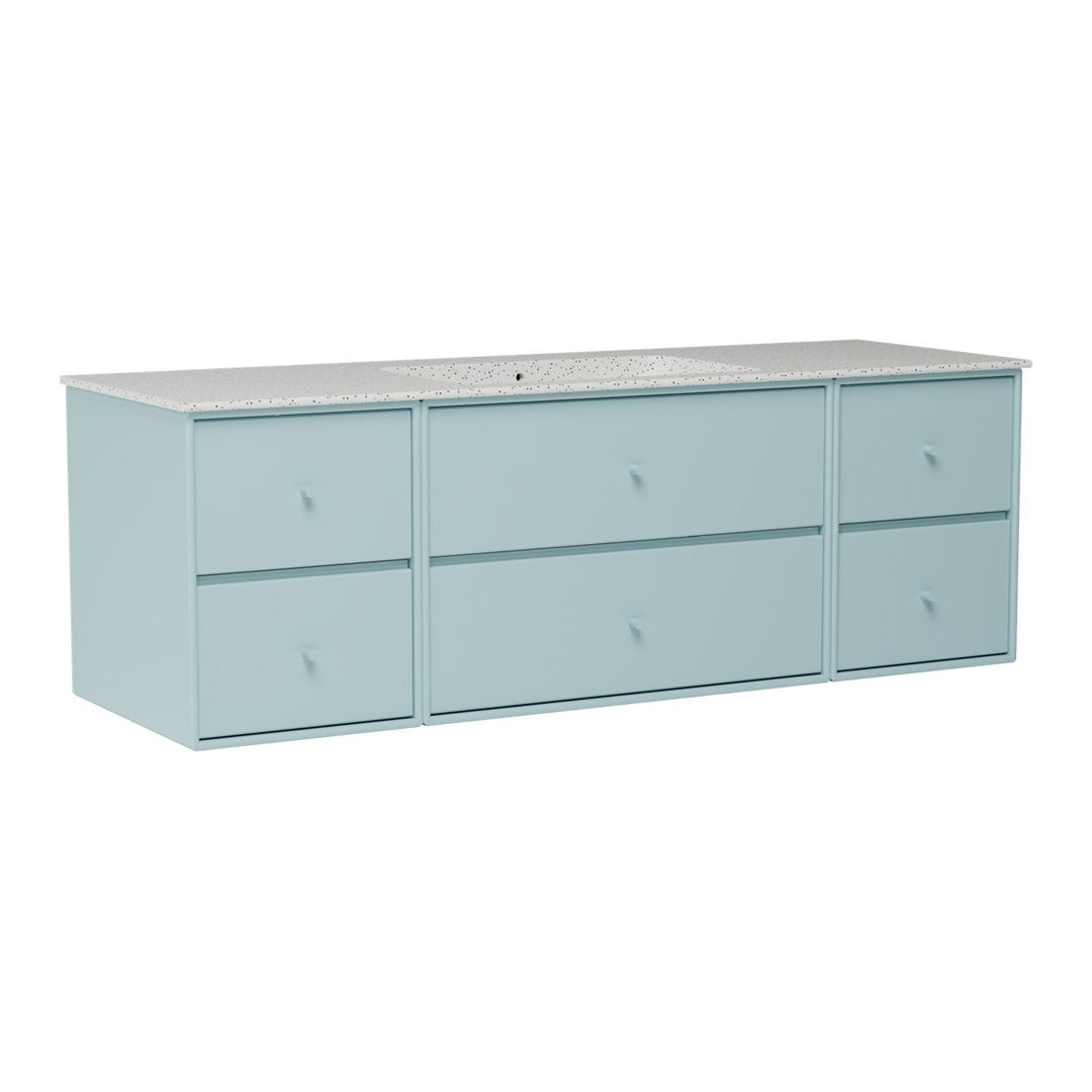 Light blue storage cabinet with a smooth, solid surface and six minimalist drawers, perfect for modern decor.