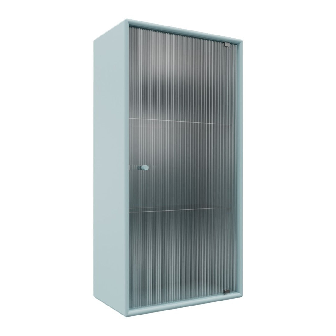 Light blue storage cabinet with a sleek, vertical design and smooth surface, featuring ribbed pattern on the doors.