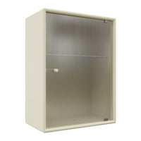 Beige storage cabinet with ribbed glass front and smooth edges, perfect for modern home or office decor.