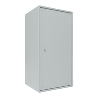 Gray storage cabinet with a sleek, smooth finish and minimalist design. Perfect for modern spaces.