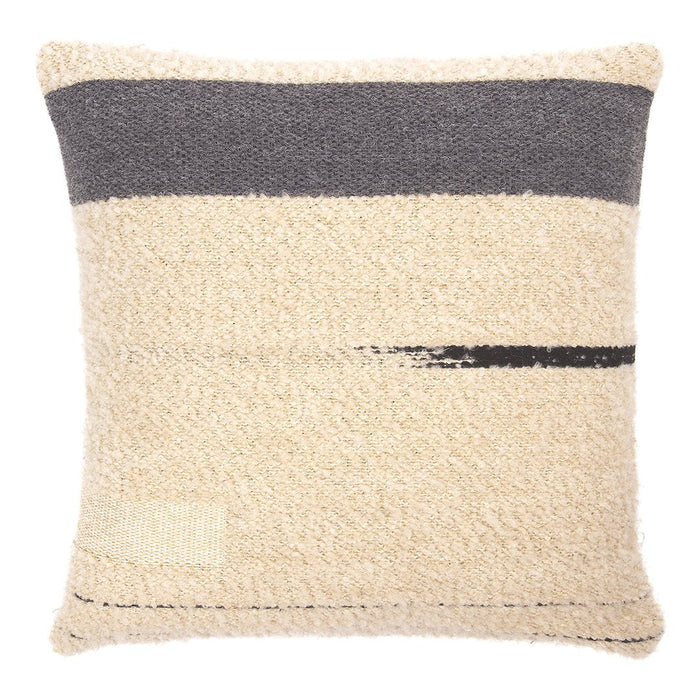 Beige and gray striped decorative pillow with textured pattern and subtle black accents, perfect for modern decor.
