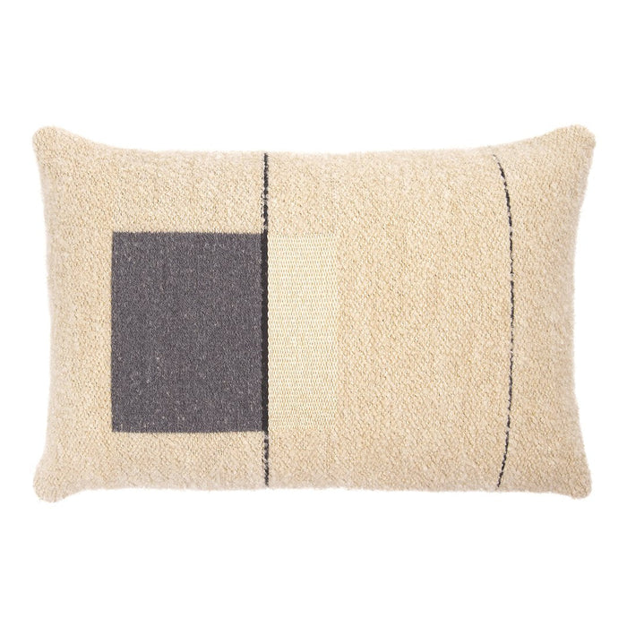 Textured beige pillow featuring a black square and subtle linear patterns for a modern, chic look.
