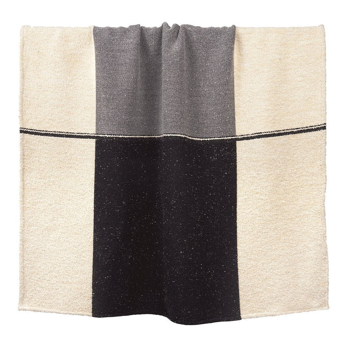 Neutral-colored woven textile featuring a modern design with gray, black, and cream stripes. Perfect for any decor.