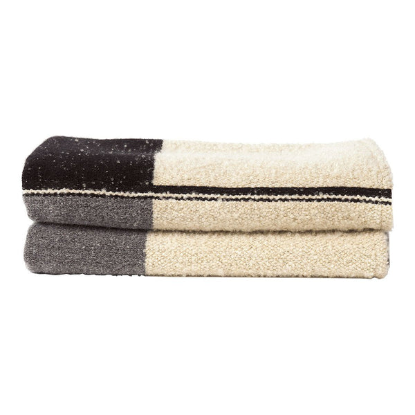 Set of two towels featuring black, gray, and cream colors with horizontal stripes for a modern, stylish look.