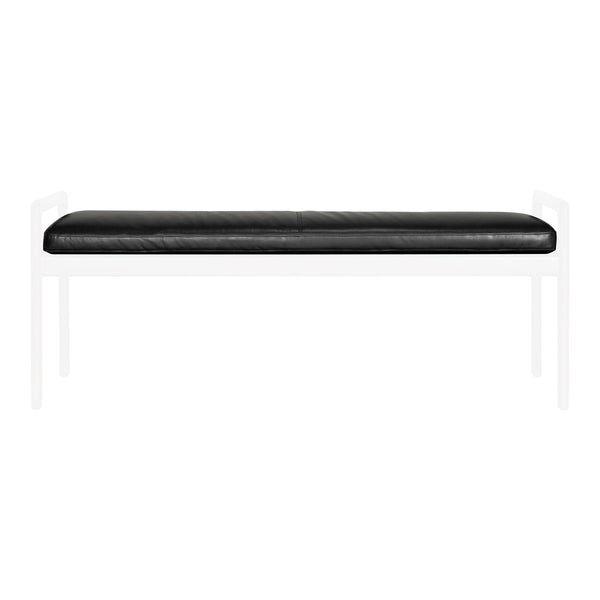 Black faux leather bench seat with a sleek white metal frame, featuring a minimalist design style.