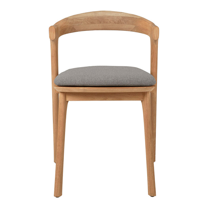Light wood chair with a rounded back and gray upholstered seat, featuring a minimalist design and neutral color palette.