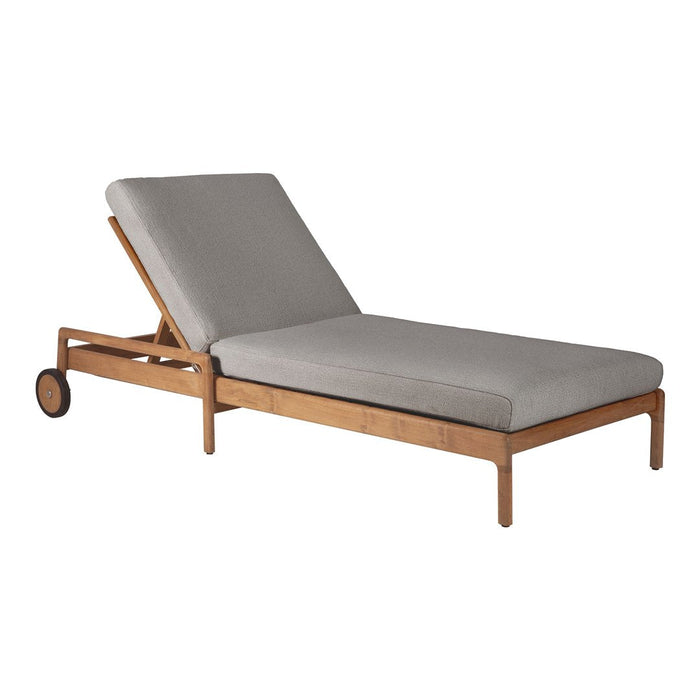 Gray cushioned lounge chair with a wooden frame, featuring a sleek design and minimalist style. Perfect for outdoor relaxation.