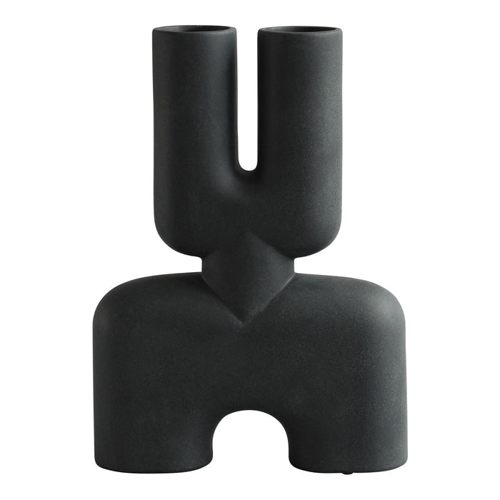 Black abstract vase with geometric shapes and a matte finish, featuring two upright openings and a central notch.