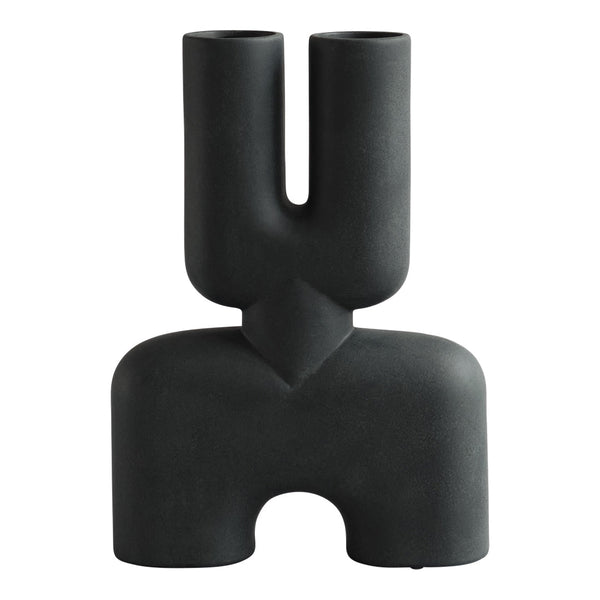 Stylish black ceramic vase with a unique geometric design, featuring smooth matte finish and modern shape.