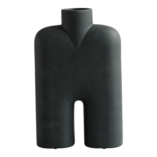 Black matte abstract vase with a unique human-like shape and smooth, modern finish. Perfect for minimalist decor.