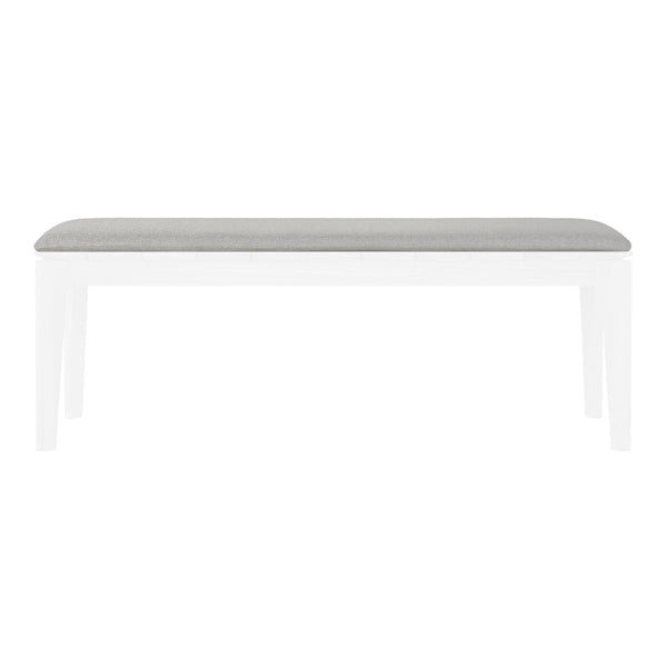 Gray upholstered bench with a sleek white frame, ideal for modern decor. Simple, elegant design and minimalist style.