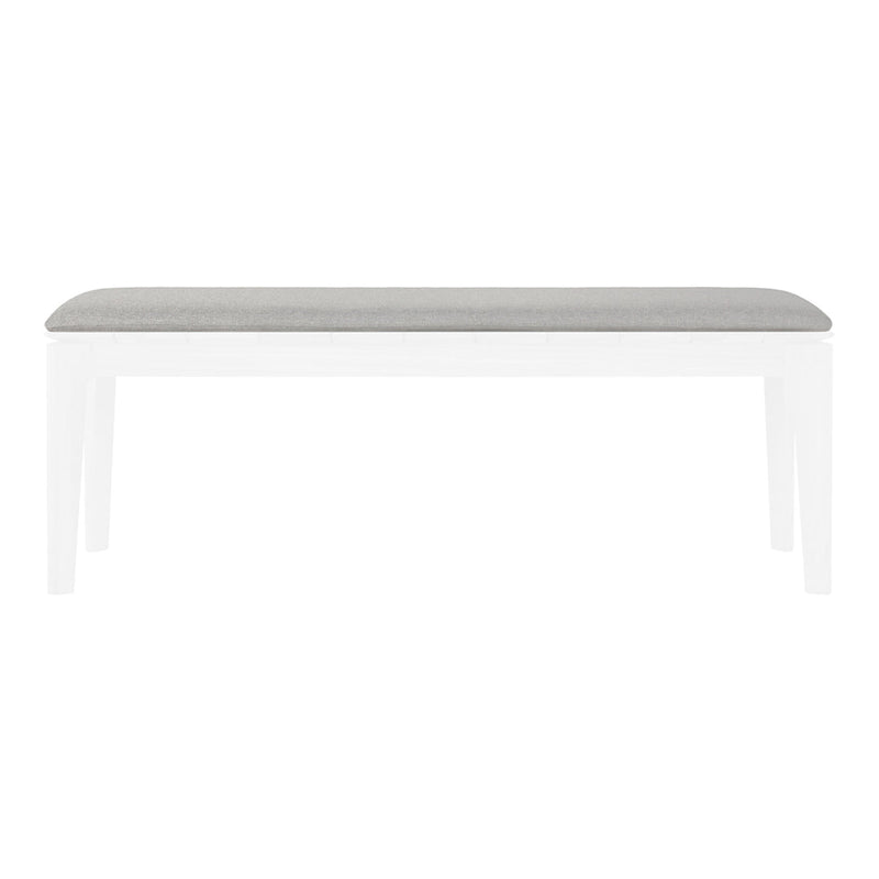 Gray upholstered bench with a sleek white frame, ideal for modern decor. Simple, elegant design and minimalist style.