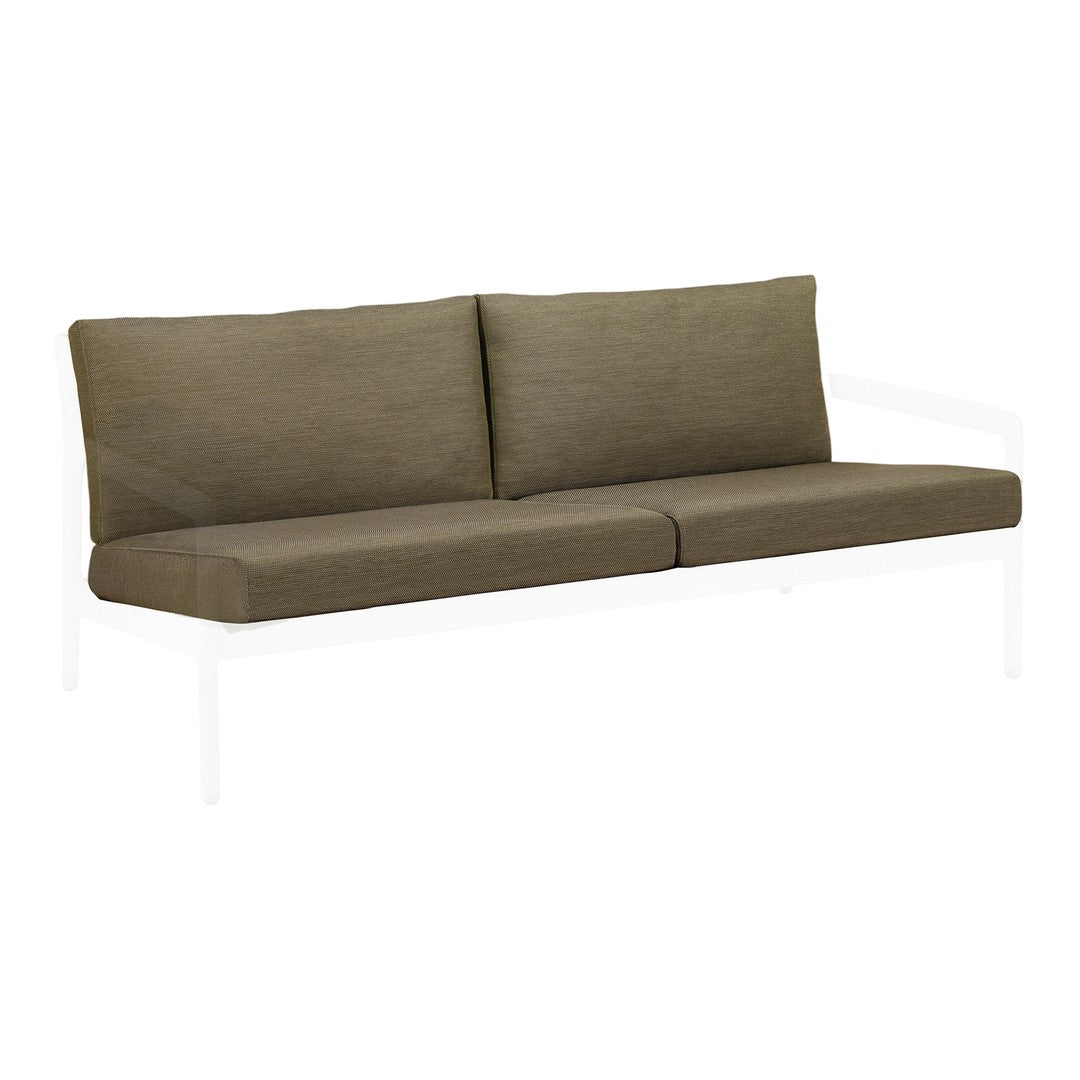 Olive green outdoor sofa with solid color cushions on a sleek white frame. Modern and minimalist design.