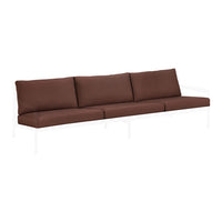 Brown cushioned sofa with a sleek white frame, perfect for modern outdoor or indoor spaces.