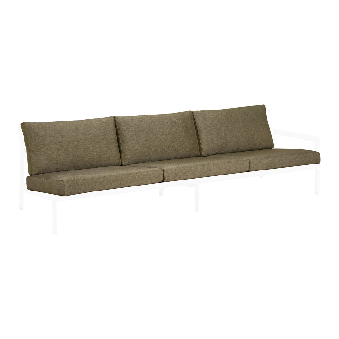 Olive green outdoor sofa with modern design and clean lines, featuring neutral cushions on a white frame.