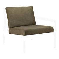 "Olive green upholstered chair with subtle texture, featuring a minimalist white frame."