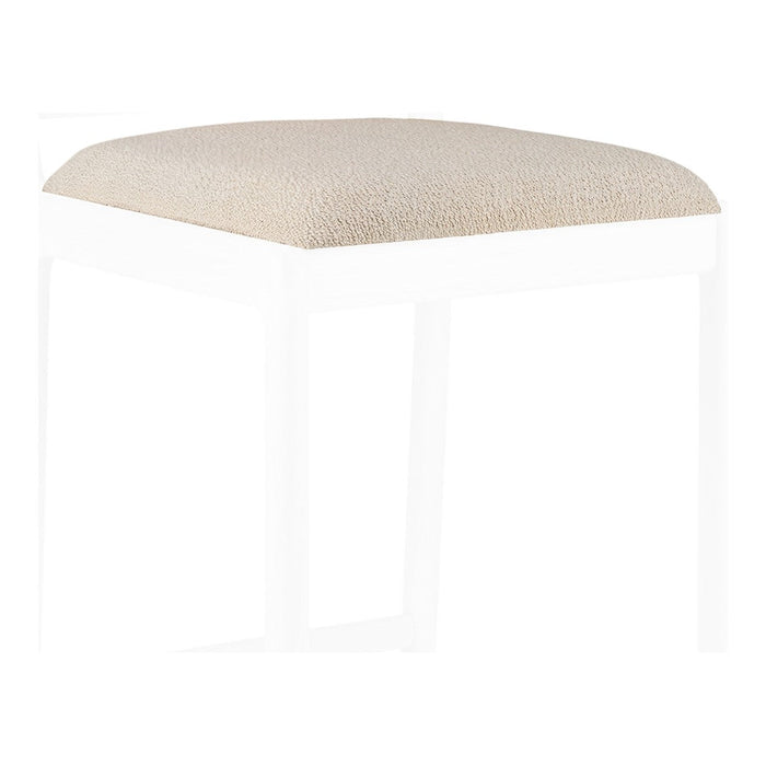 Tan textured upholstery on a minimalist white frame stool. Ideal for modern decor.