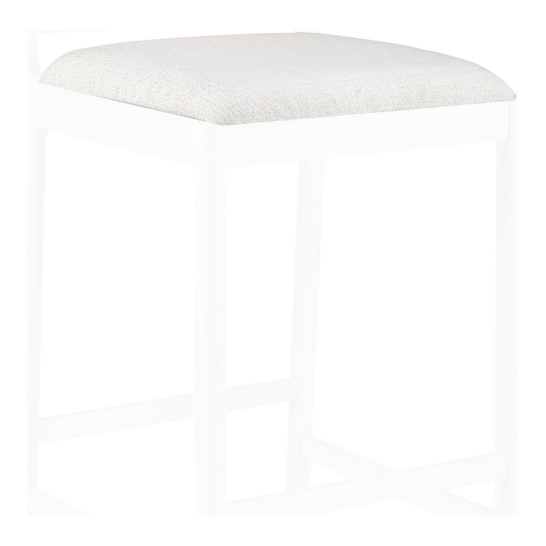White upholstered stool with a textured cushion on a minimalist white frame. Perfect for modern decor.