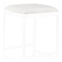 White upholstered stool with a textured cushion on a minimalist white frame. Perfect for modern decor.