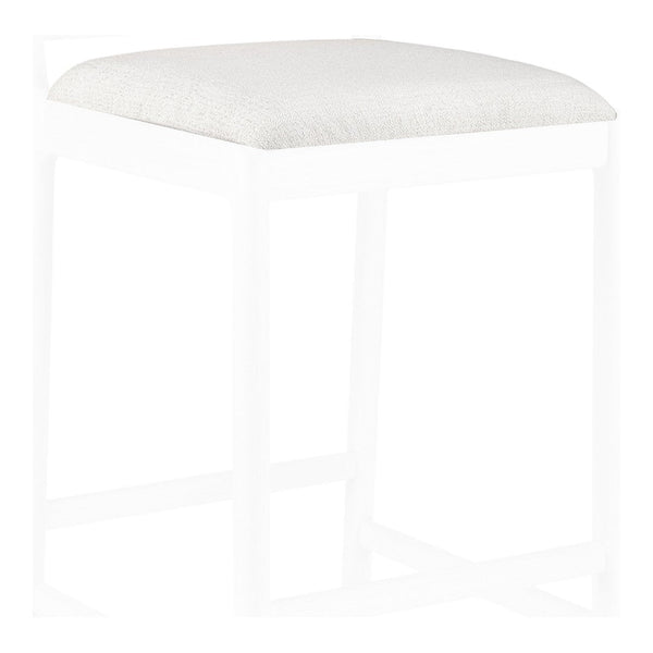 White upholstered stool with a textured cushion on a minimalist white frame. Perfect for modern decor.
