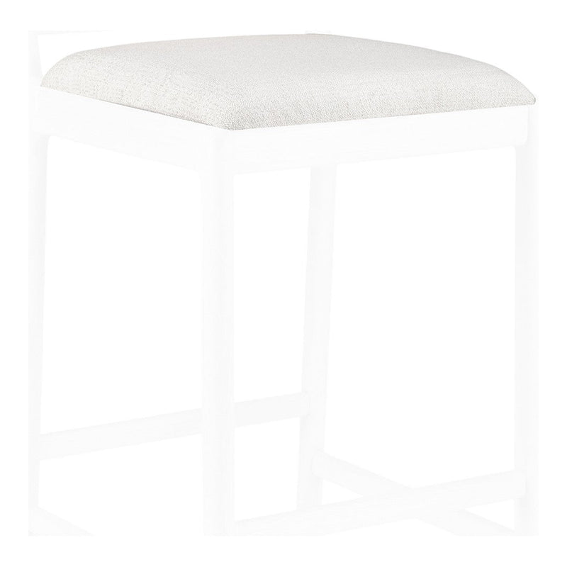 White upholstered stool with a textured cushion on a minimalist white frame. Perfect for modern decor.