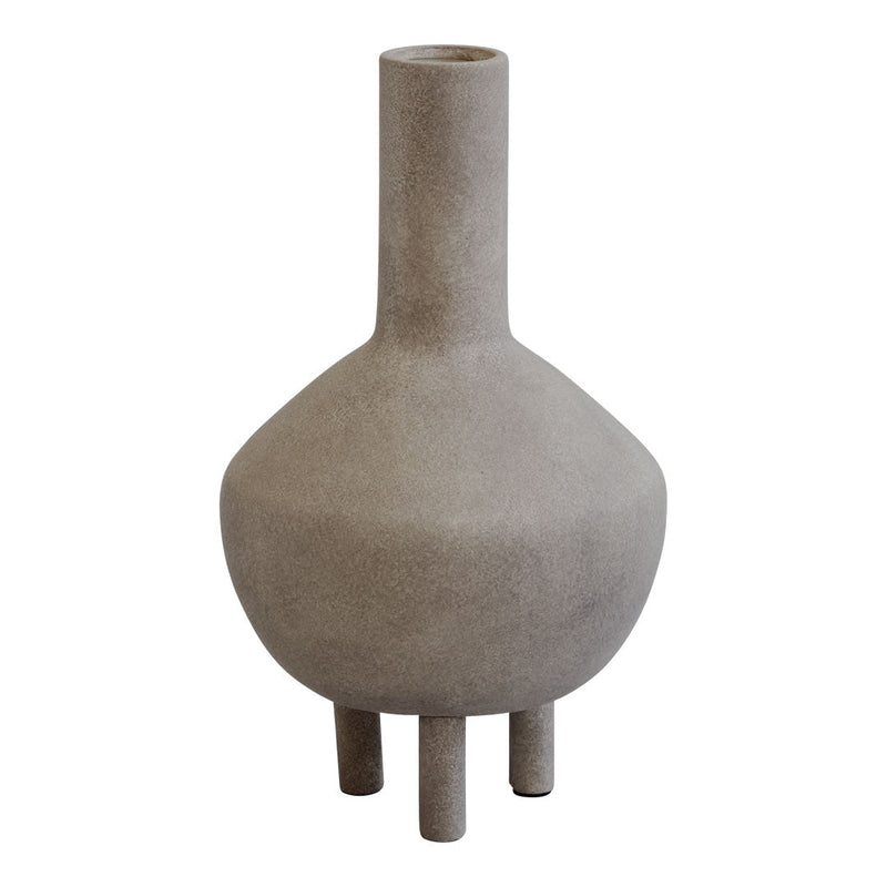 Gray minimalist vase with a smooth, rounded body and a tall neck, featuring three short legs for added stability.
