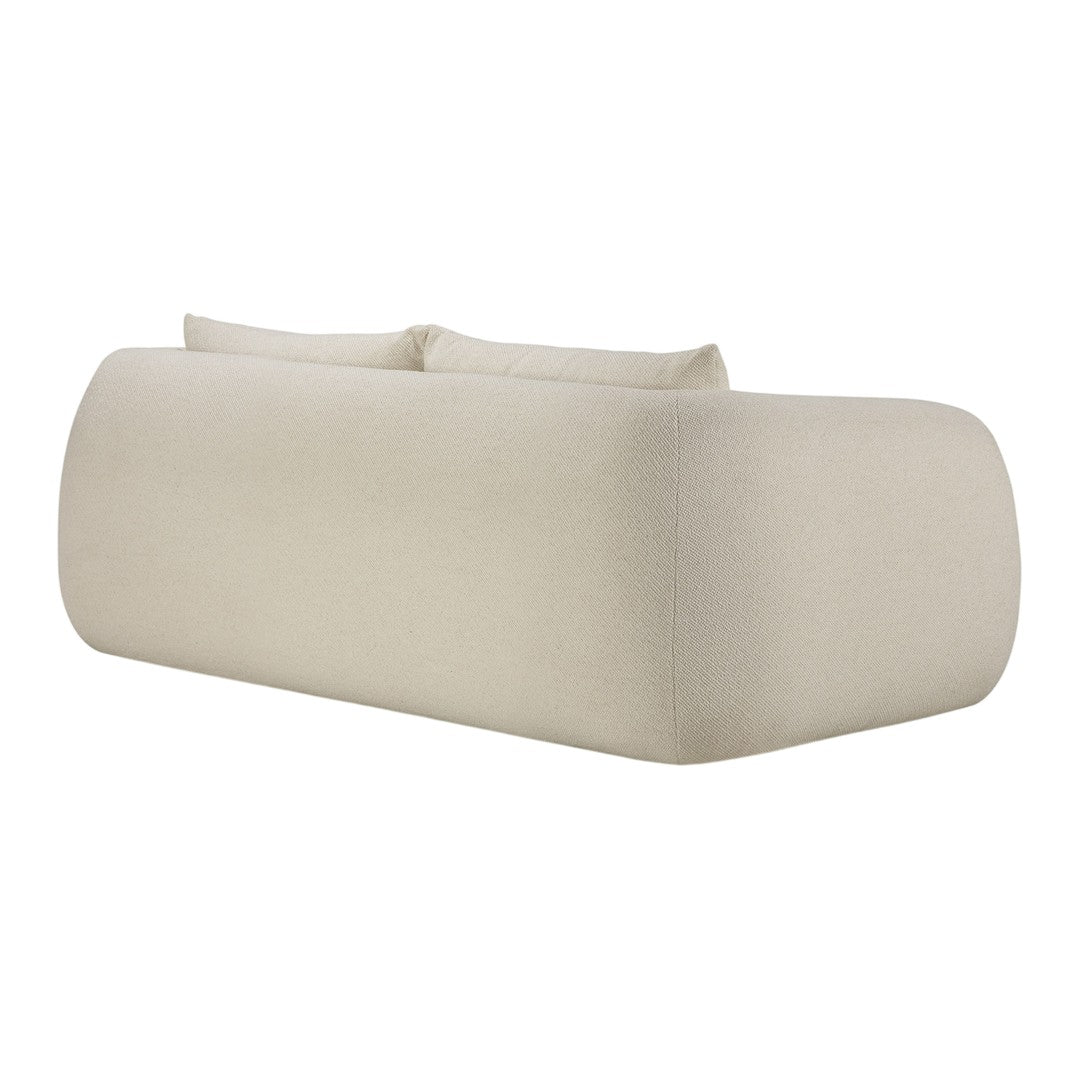 Beige, textured fabric sofa with a smooth, modern design and plush back cushions. Perfect for a minimalist decor.