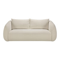 Beige sofa with rounded arms and plush cushions, featuring a smooth, textured fabric finish. Perfect for modern decor.