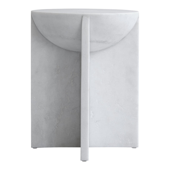 Solid white concrete side table featuring a sleek, minimalist design with a smooth finish and geometric shape.