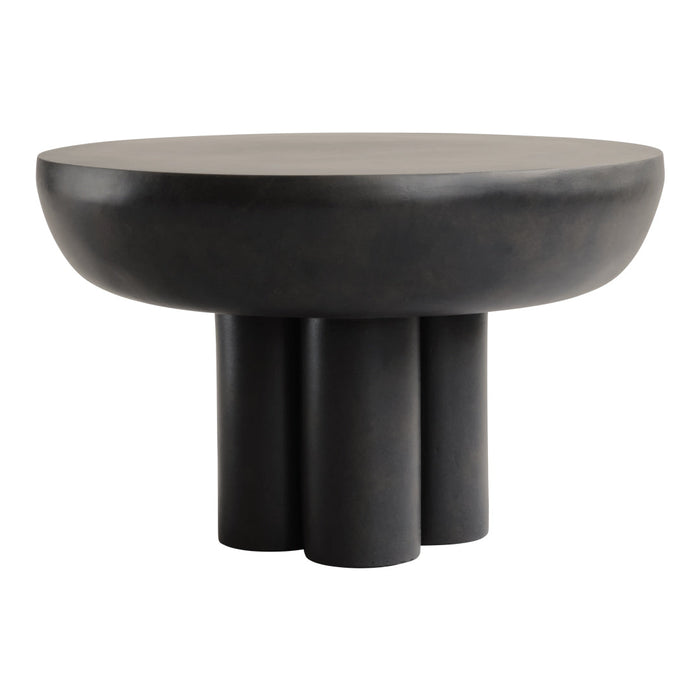 Round black side table with a smooth matte finish and cylindrical legs, featuring modern minimalist design.