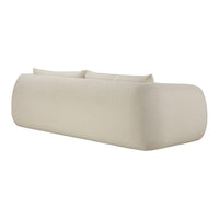 Beige curved sofa with a textured fabric, featuring a minimalist design and neutral color palette.
