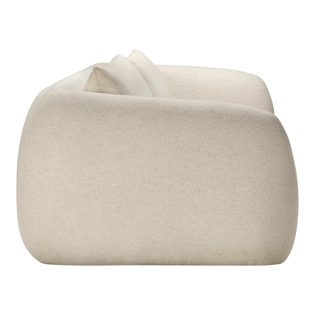 Beige textured sofa with smooth, rounded edges, featuring subtle woven patterns for a contemporary look.