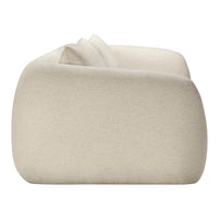 Beige textured sofa with smooth, rounded edges, featuring subtle woven patterns for a contemporary look.