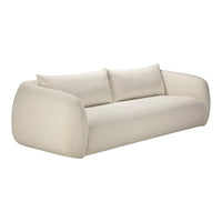 Beige fabric sofa with smooth, rounded edges and two plush pillows, featuring a modern minimalist design.