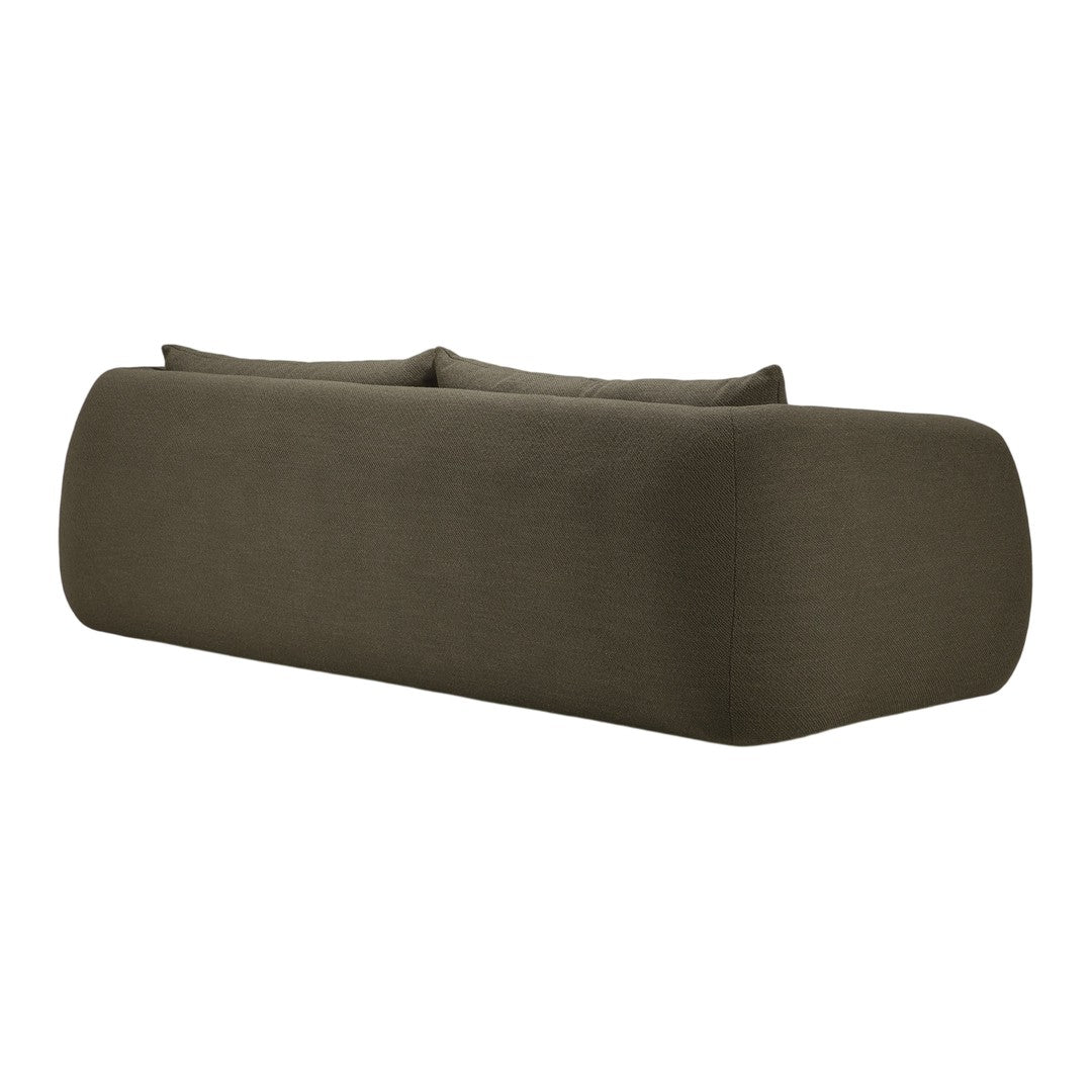 Olive green sofa with a smooth, minimalistic design and no visible patterns, perfect for modern interiors.
