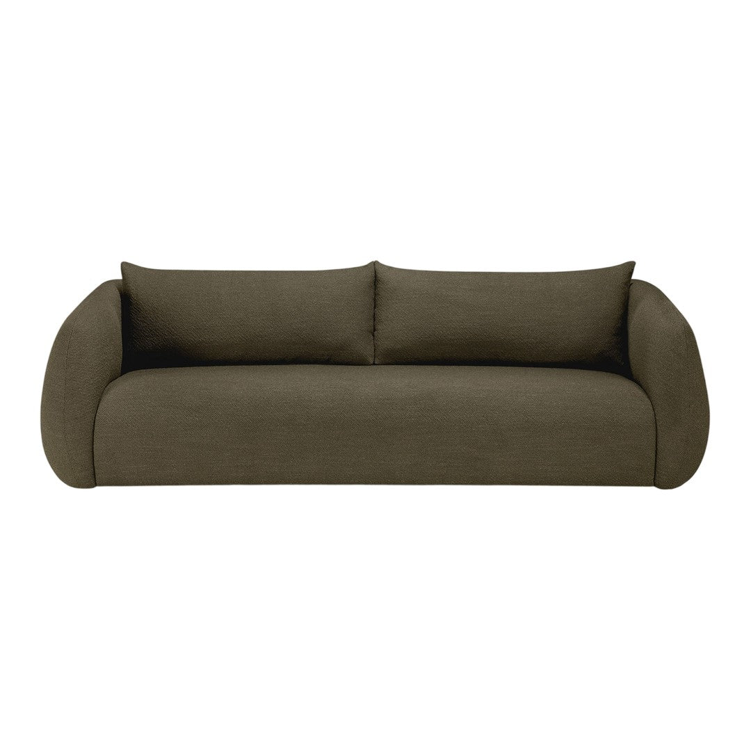 Olive green, modern sofa with rounded arms and two plush cushions, featuring a sleek, minimalist design.