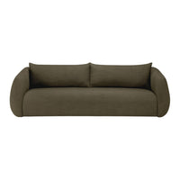Olive green, modern sofa with rounded arms and two plush cushions, featuring a sleek, minimalist design.