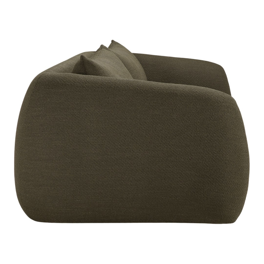 Olive green textured sofa with a smooth, modern design. Perfect for contemporary living spaces.