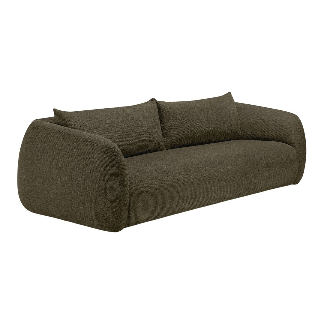 Green upholstered sofa with a smooth, rounded shape and minimalistic design, featuring soft cushions.
