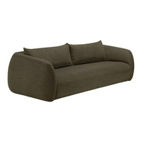 Green upholstered sofa with a smooth, rounded shape and minimalistic design, featuring soft cushions.
