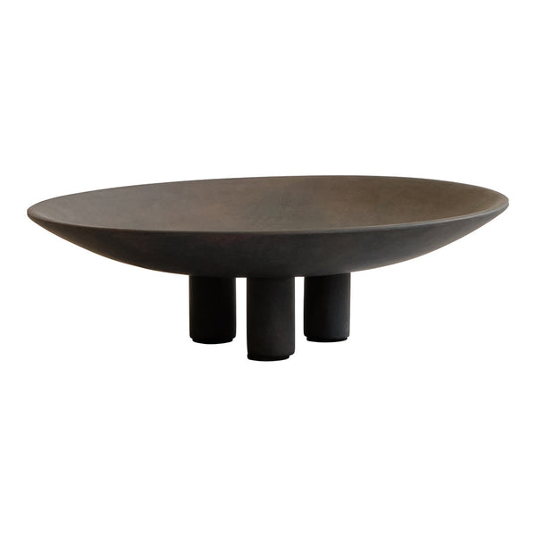 Round black ceramic bowl with a matte finish and three sturdy legs, showcasing a modern minimalist design.