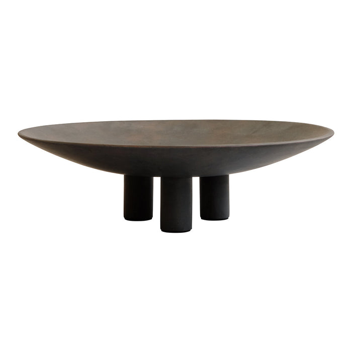 Round black bowl with a matte finish and three tapered legs, showcasing a sleek, modern design.