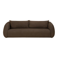 Brown upholstered sofa with smooth, rounded edges and two matching cushions, versatile for modern decor.